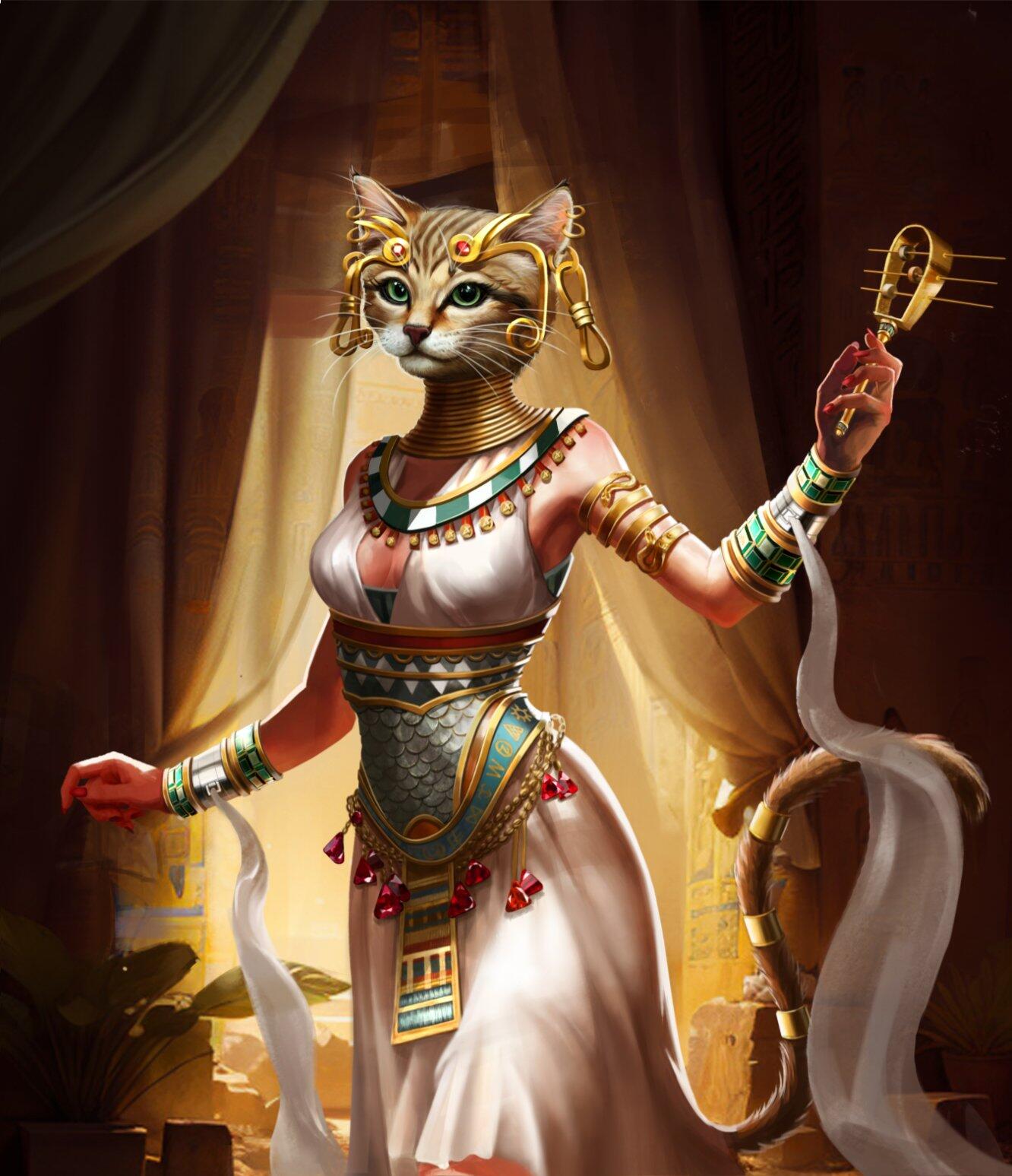 An image featuring the character Bastet from the video game Age of Mythology: Retold, showcasing her unique design and attributes in a mythological context.