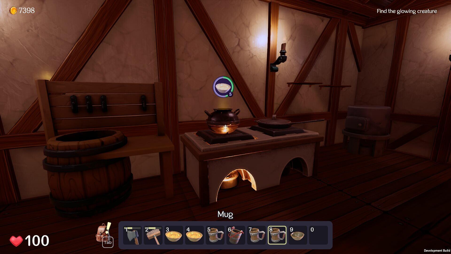 A cozy interior of the Ale & Tale Tavern from a video game, featuring a cooking station with a pot on the stove, wooden barrels, and shelves against rustic wooden walls.