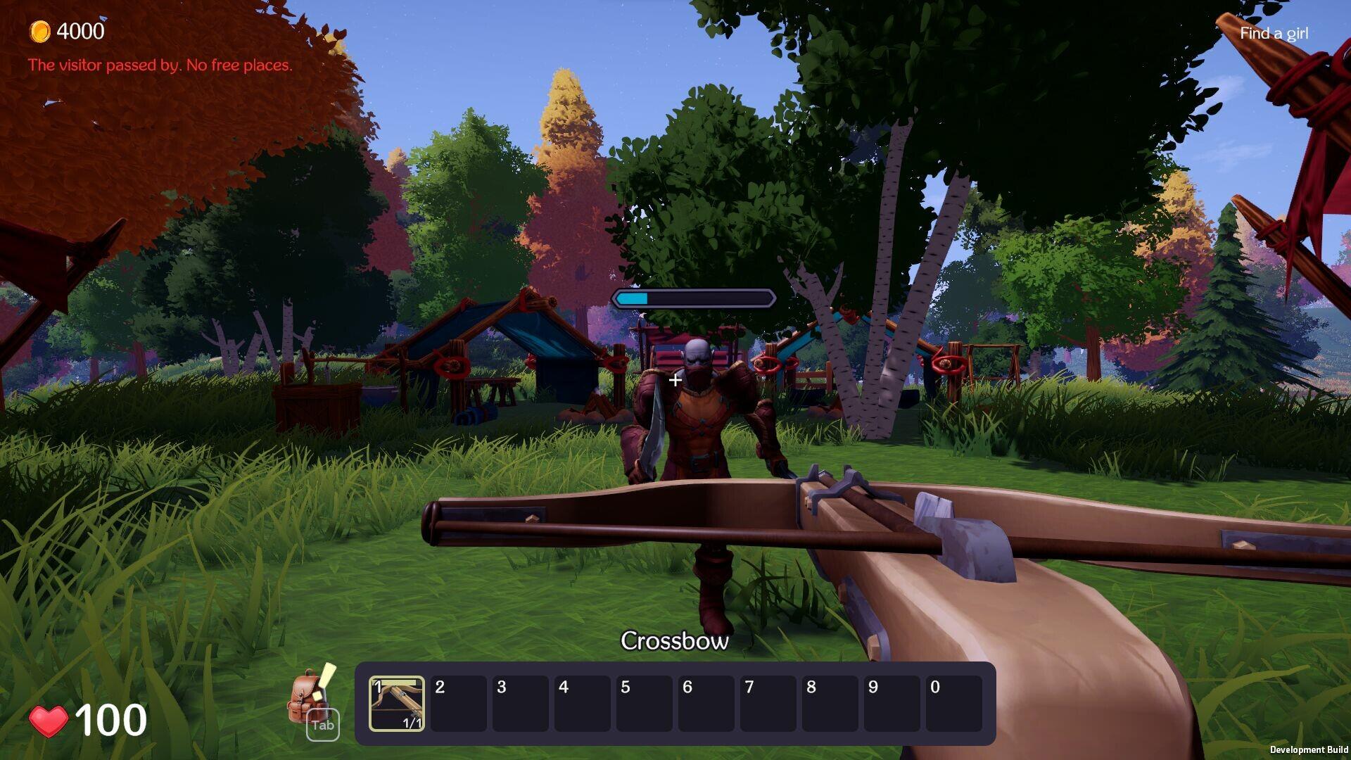 A player holds a crossbow, preparing for a battle in the vibrant world of the video game Ale & Tale Tavern, surrounded by lush trees and distant tents.