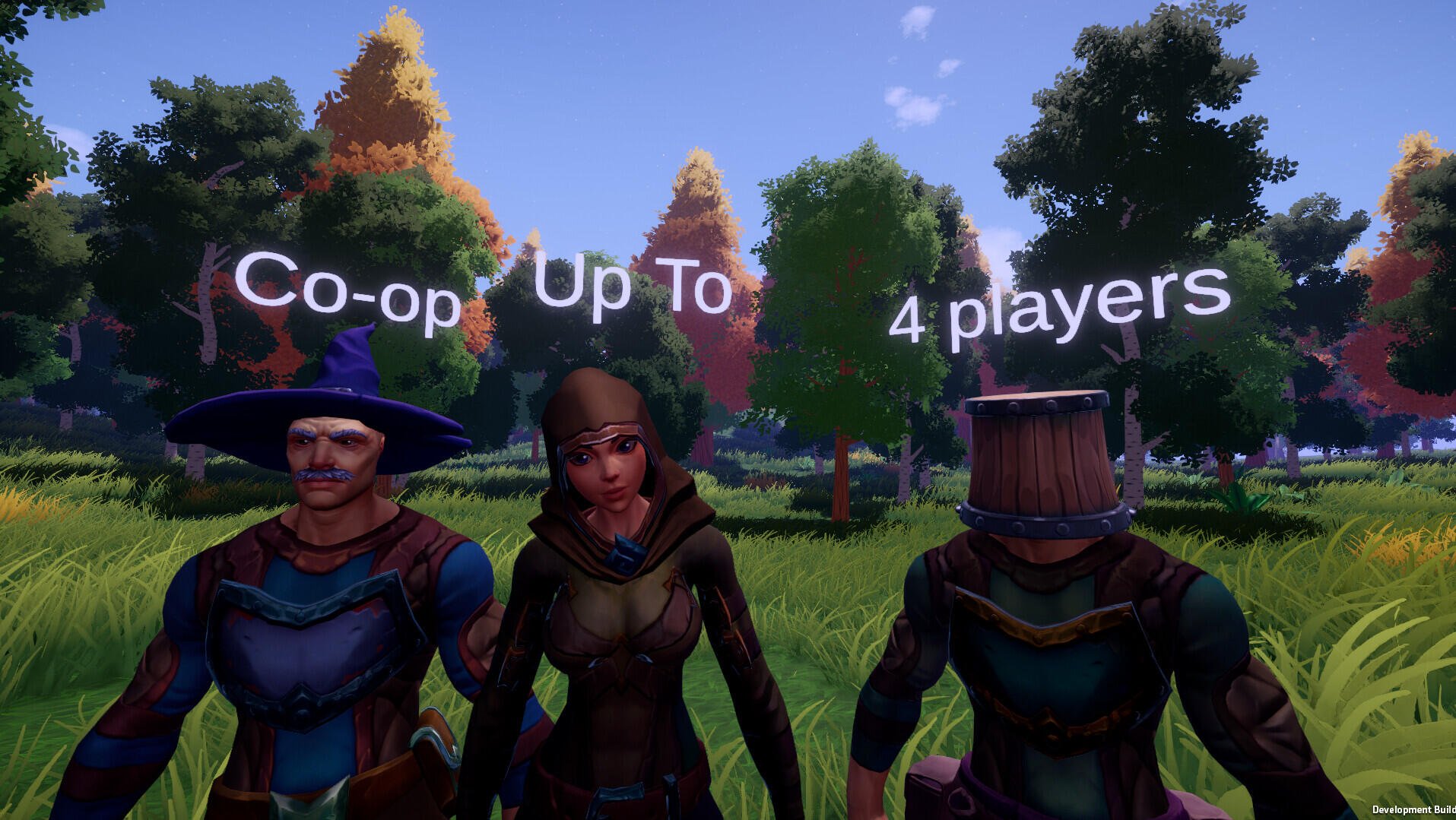 Three characters stand in a vibrant landscape, promoting co-op gameplay for up to four players in the video game Ale & Tale Tavern. Lush trees and hills create a colorful backdrop.