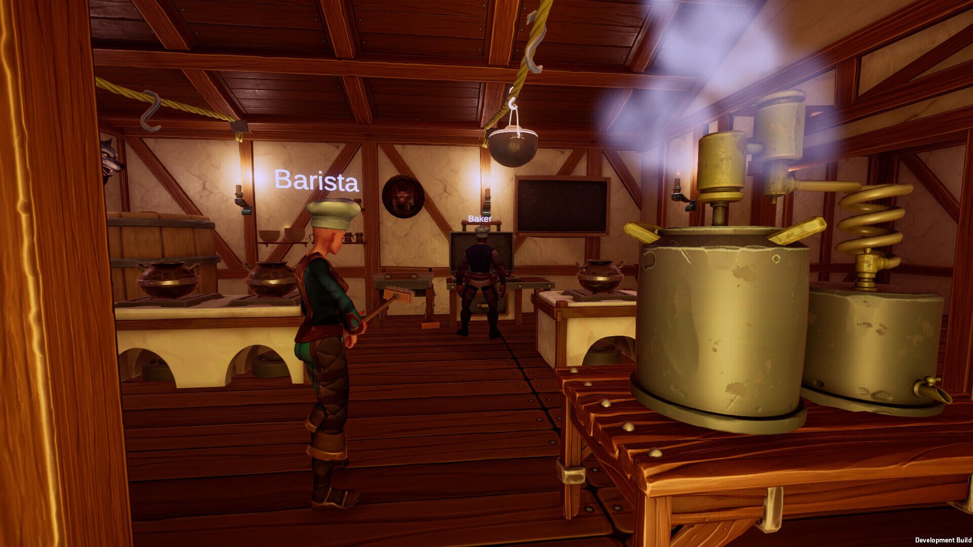 An interior scene from the video game Ale & Tale Tavern, featuring a barista and a steaming pot in a cozy, rustic tavern environment.