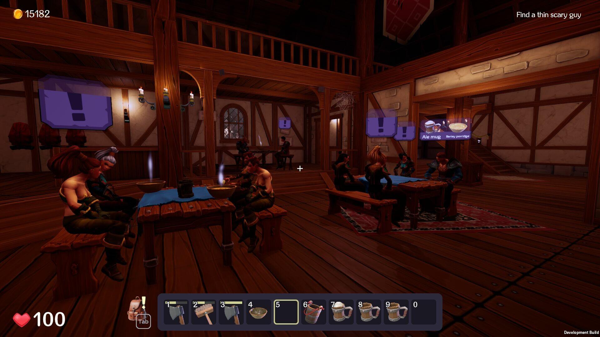 A cozy tavern setting in the video game Ale & Tale, featuring characters seated at wooden tables, with hints of quests and activities in the warm, inviting interior.