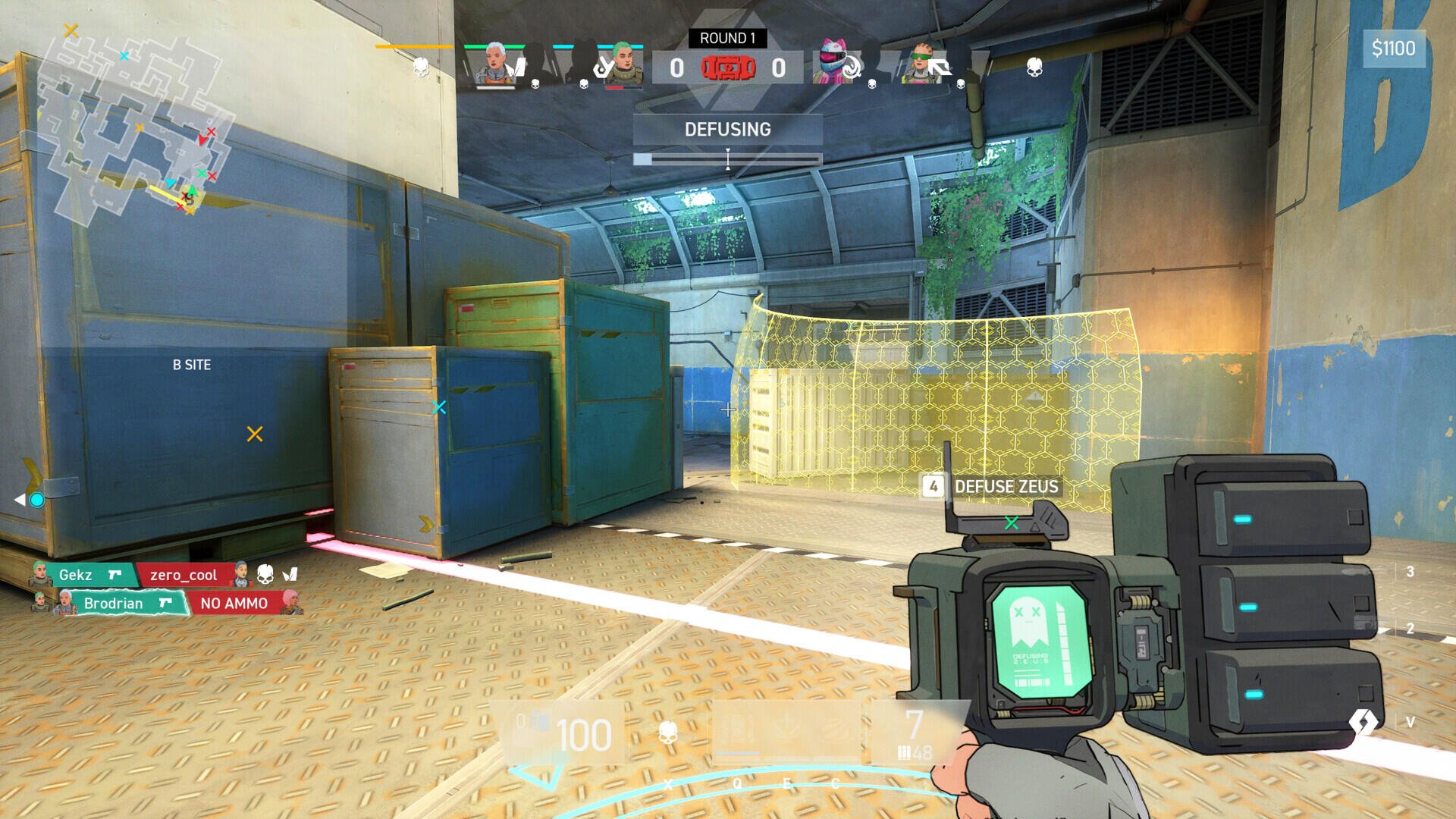 A player in the video game Spectre Divide prepares to engage enemies, aiming a futuristic weapon in a dynamic, colorful environment filled with strategic barriers.