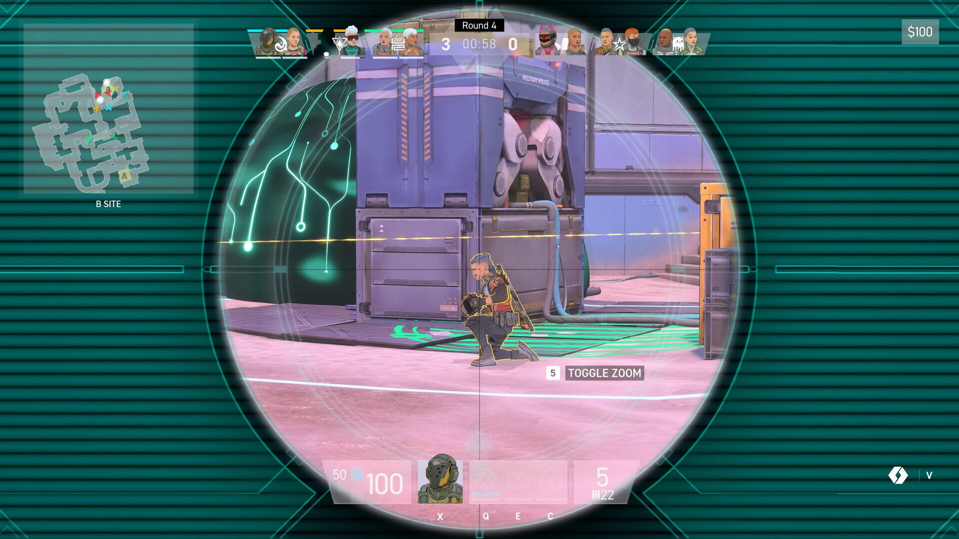A character aims through a sniper scope in Spectre Divide, set in a futuristic environment with vibrant colors and intricate backgrounds. Action and strategy are evident in the gameplay moment.