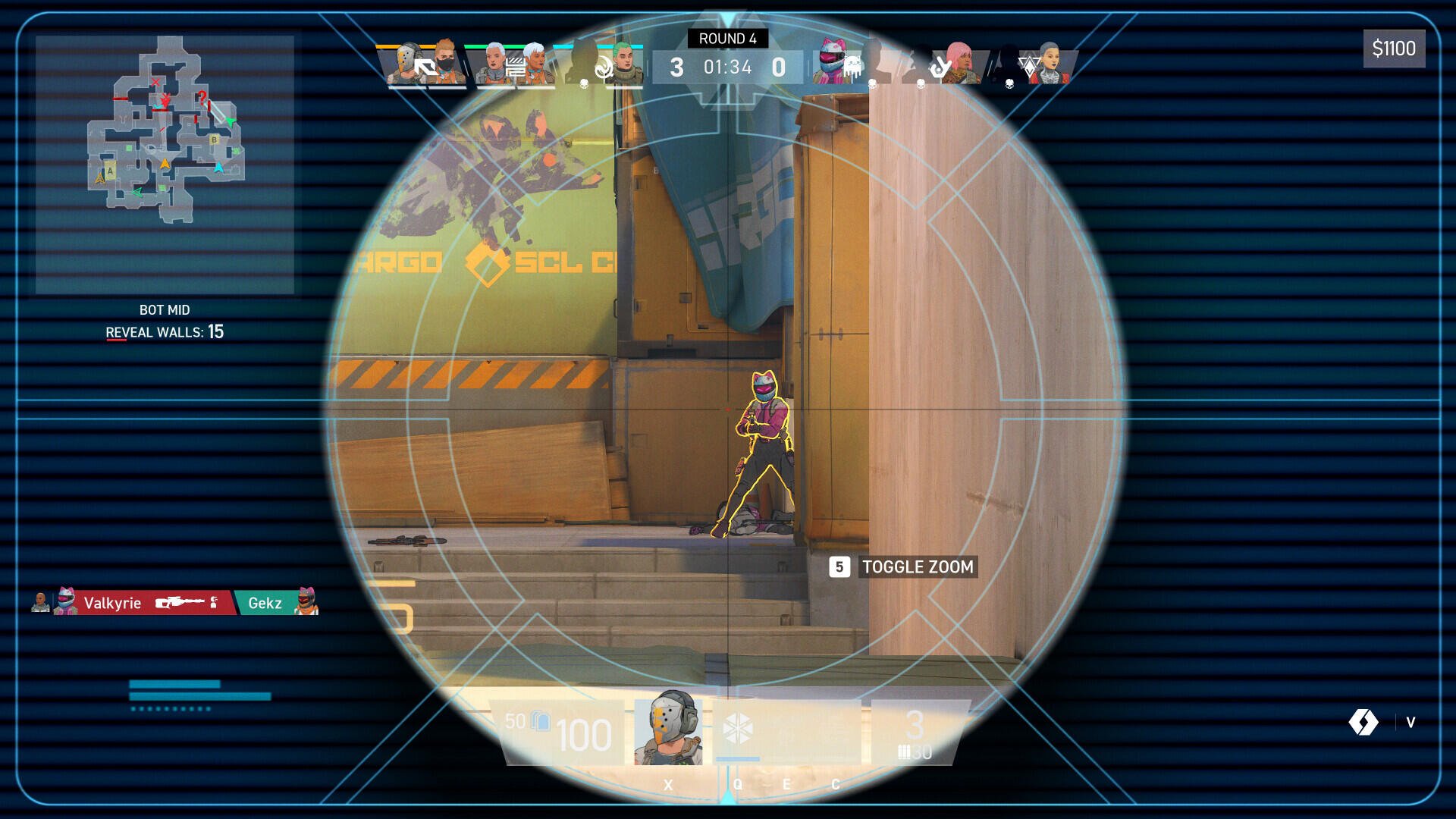 A gameplay scene from the video game Spectre Divide, featuring a character aiming through a sniper scope, highlighting strategic gameplay and tactical positioning.