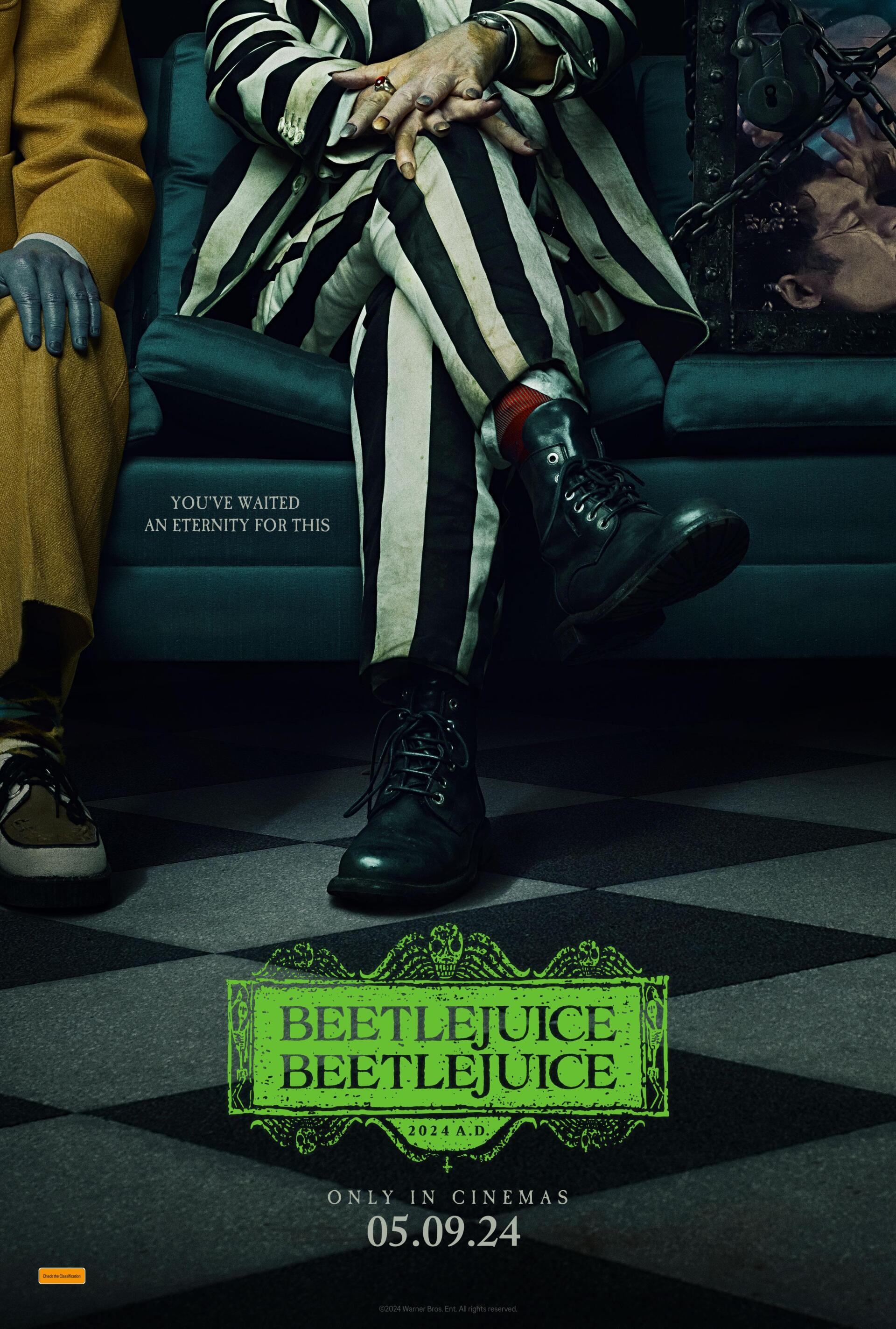 Promotional poster for Beetlejuice Beetlejuice, featuring characters in striped attire sitting on a couch, with the release date of May 9, 2024, prominently displayed.