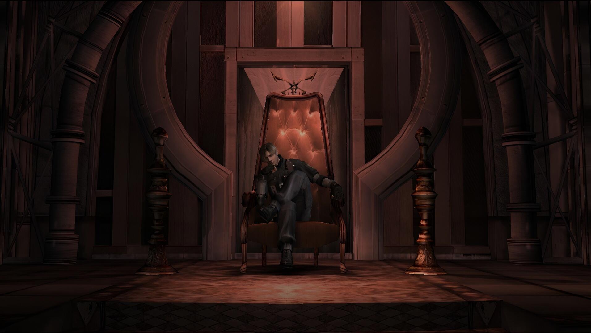A dark, eerie chamber from Resident Evil 4 features a figure seated on a throne, set against a gothic backdrop, capturing the game's suspenseful atmosphere.