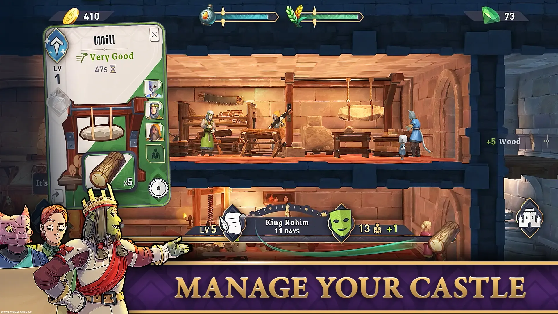 A screenshot from The Elder Scrolls: Castles shows a character managing tasks within a castle, including resource collection and character interactions within a vibrant environment.