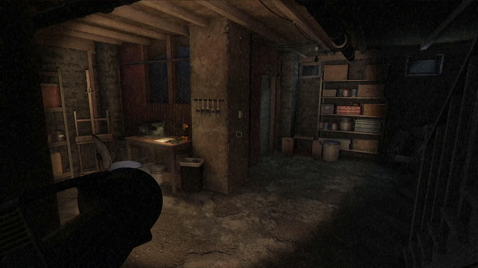 A dimly lit, eerie interior of a basement with wood beams and shelves filled with various items. This scene is from the video game Fears to Fathom - Woodbury Getaway.