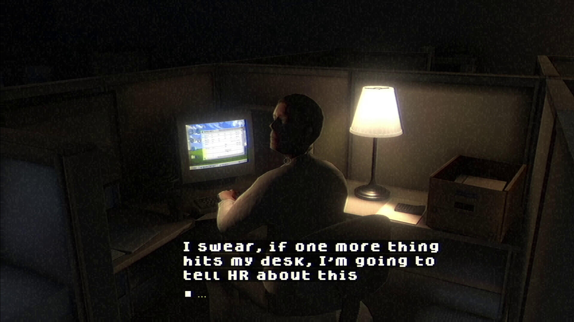 A dimly lit scene from the video game Fears to Fathom - Woodbury Getaway, featuring a person at a desk, expressing frustration over disturbances at work, illuminated by a lamp.