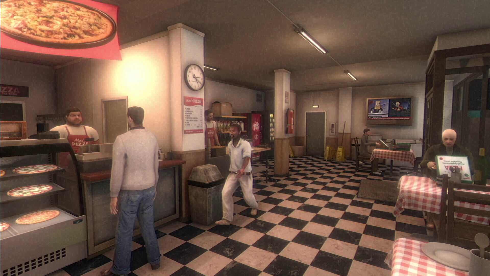A scene from the video game *Fears to Fathom - Woodbury Getaway*, featuring a diner interior with a checkered floor, patrons interacting, and a pizza display in the background.