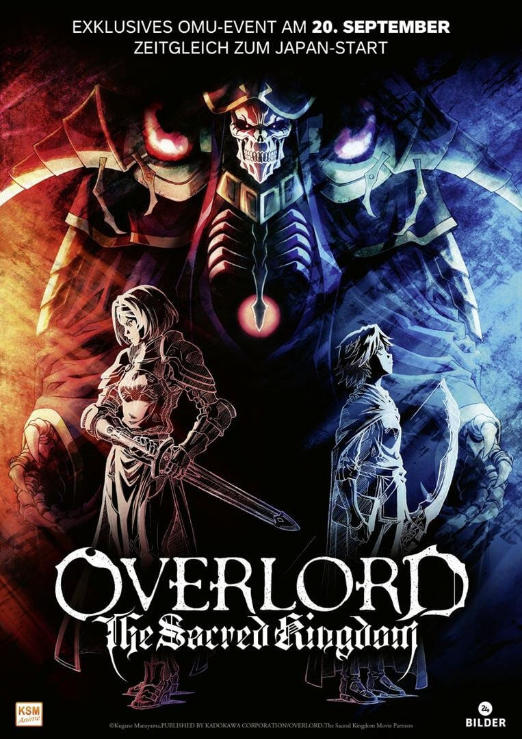 Anime poster for Overlord: The Sacred Kingdom, featuring iconic characters in a dramatic, colorful design with a prominent figure in armor amidst a mystical background.