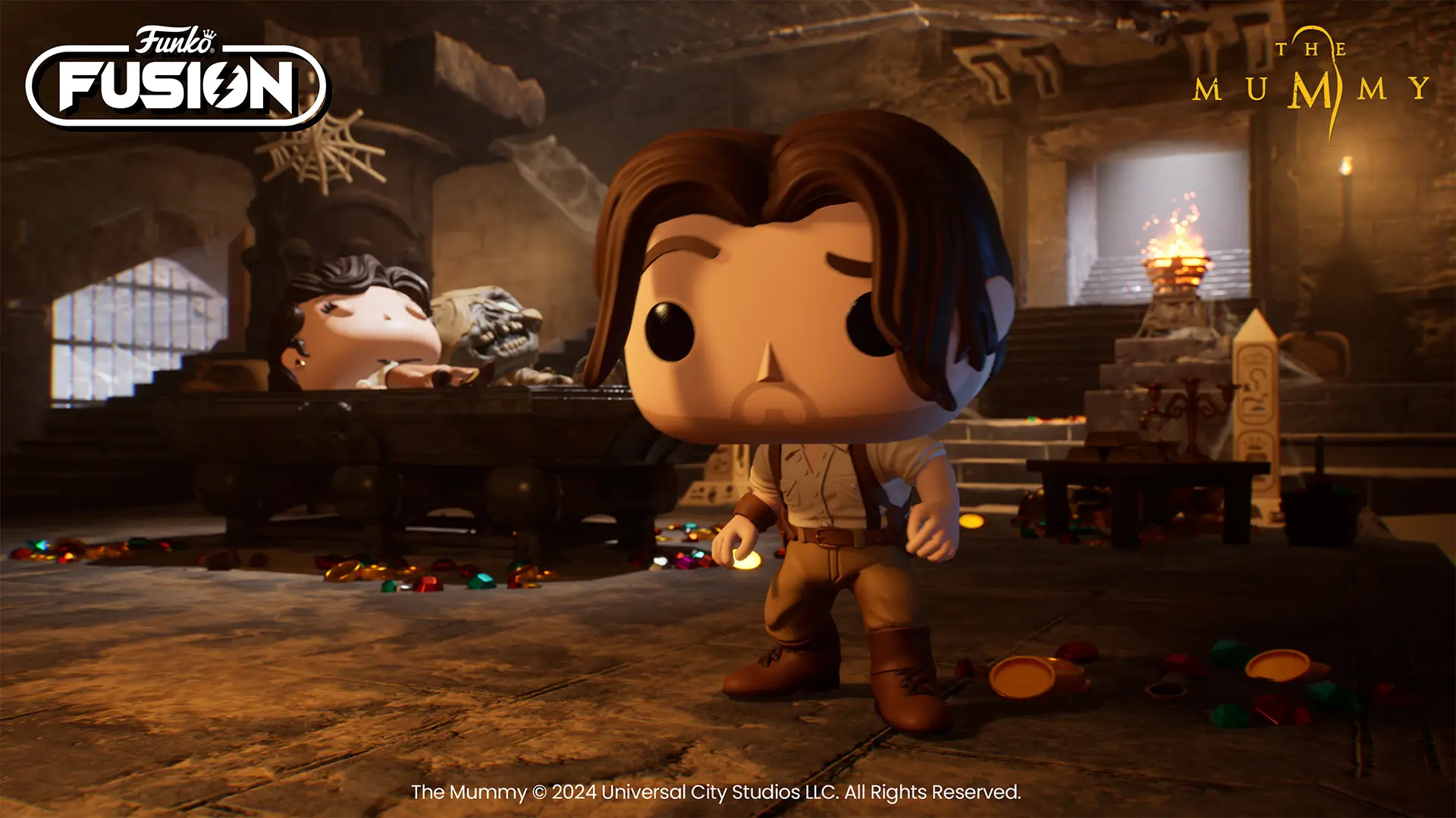 A Funko Fusion scene featuring a stylized character in an adventure setting, surrounded by treasures and artifacts, inspired by the classic video game The Mummy.