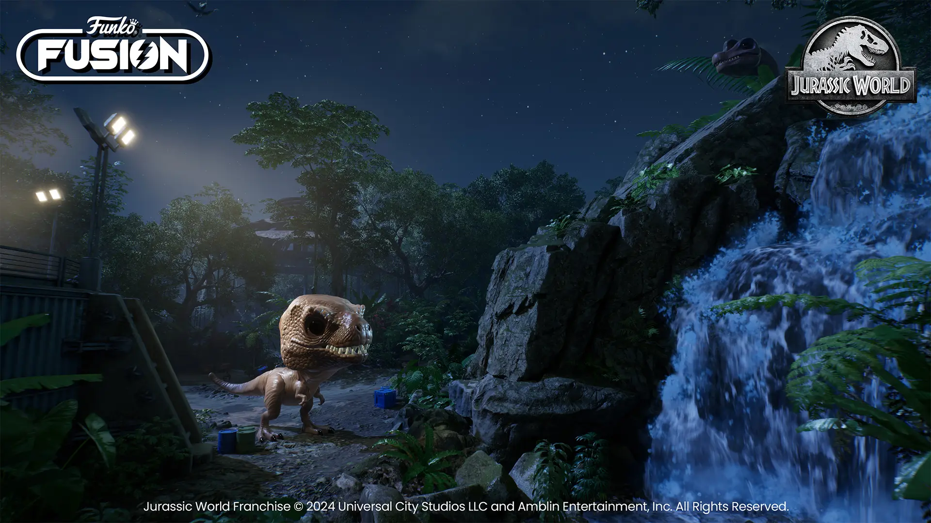 A nighttime scene from the video game Funko Fusion, featuring a T-Rex figurine amidst lush greenery and a waterfall, with dramatic lighting enhancing the adventure setting.