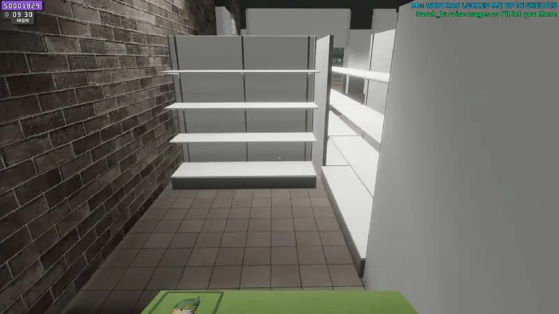 A view inside a virtual supermarket in the video game Supermarket Together, featuring empty shelves and a tiled floor, set against a backdrop of a brick wall.
