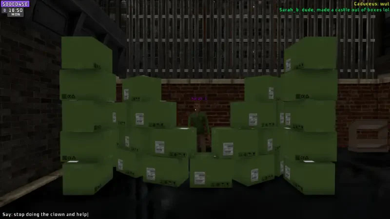 A character stands behind a wall of green boxes in the video game Supermarket Together, highlighting the game's unique cooperative gameplay and humorous environment.