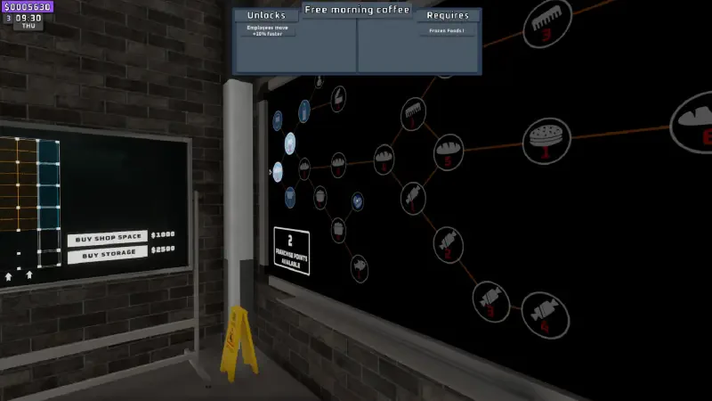 A digital display in the video game Supermarket Together showcases a map with various icons and connections, set against a sleek black background.