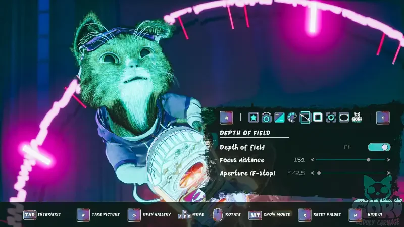 A character from the video game Gori: Cuddly Carnage, featuring a cute, furry creature with a focused expression, set against a vibrant neon background and HUD elements.