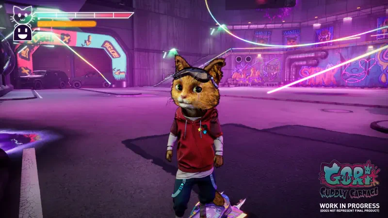 A cute anthropomorphic cat in a hoodie and goggles stands in a vibrant, neon-lit environment, showcasing gameplay from the video game Gori: Cuddly Carnage.