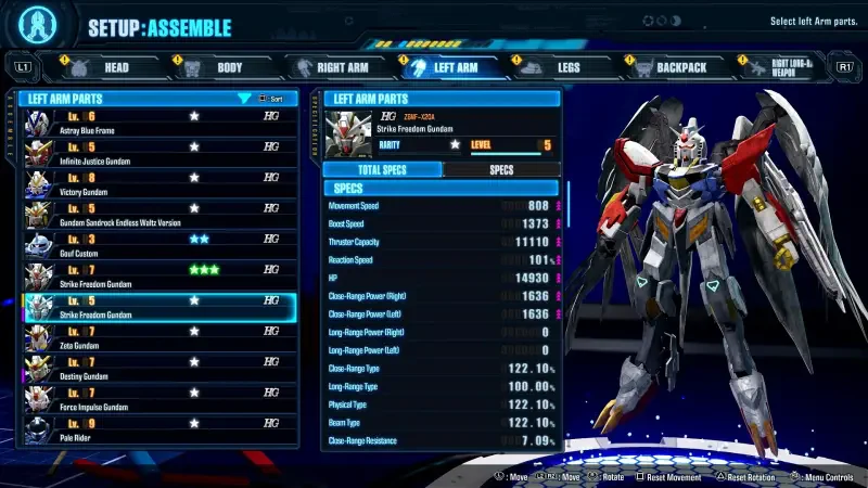 A scene from Gundam Breaker 4 shows the setup and assembly screen, featuring customizable parts for a Gundam model, including head, body, and limbs, alongside key stats and specifications.