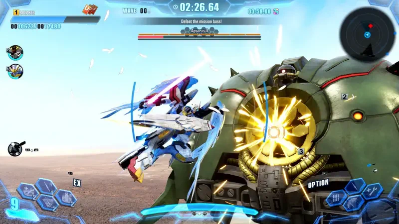 A dynamic scene from Gundam Breaker 4, featuring a player-controlled Gundam engaged in battle against a massive enemy mech, set against a dramatic sky background.
