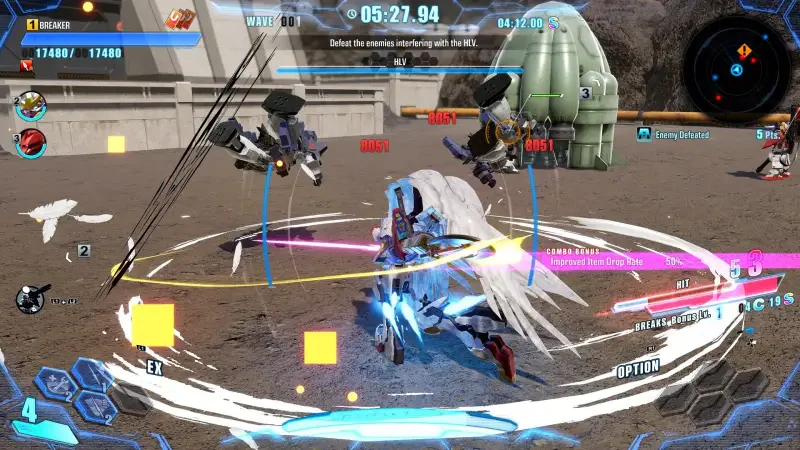 A scene from Gundam Breaker 4, featuring dynamic gameplay with a player character engaged in combat against robotic enemies, showcasing colorful action and HUD elements.