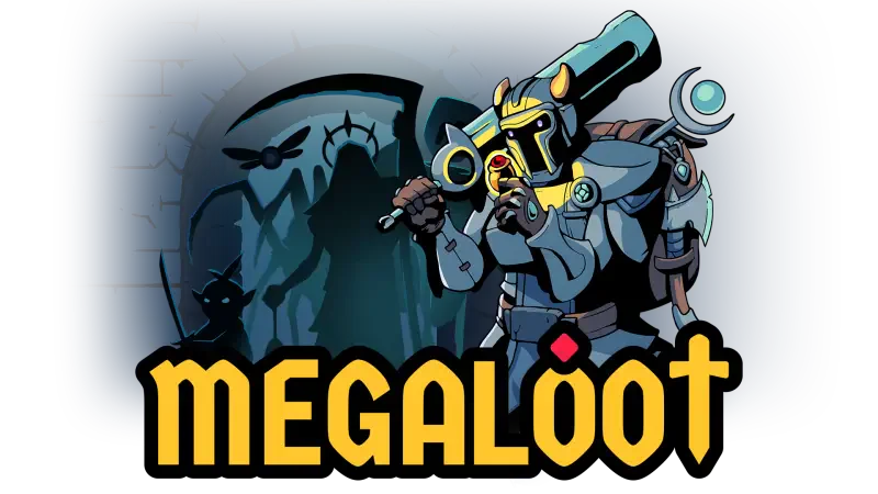 A character in armor wields a weapon, exploring a dark dungeon, surrounded by shadows. The title Megaloot prominently displayed below, hinting at an adventurous video game theme.