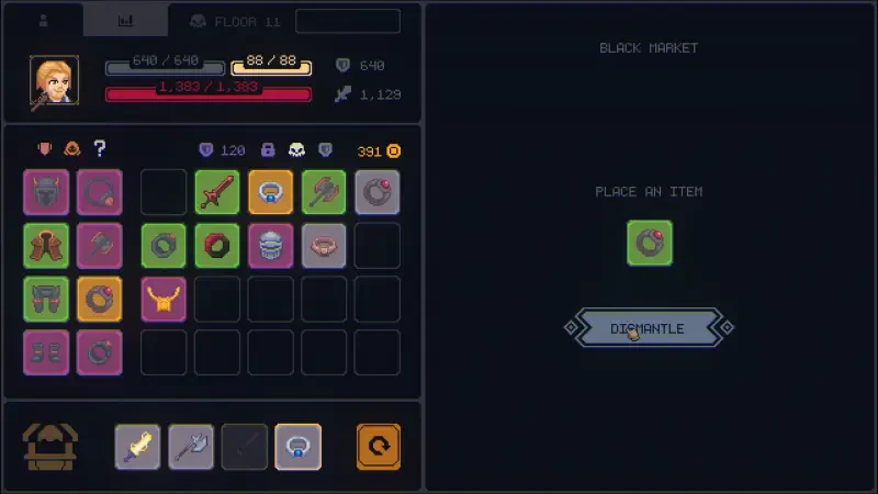 A screenshot from the video game Megaloot, showcasing an inventory screen filled with various items and their stats, highlighting player progression and item management.