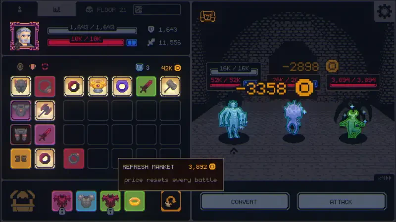 A screenshot from the video game Megaloot displaying a character's inventory on the left and glowing enemies in battle on the right, showcasing gameplay mechanics and items.