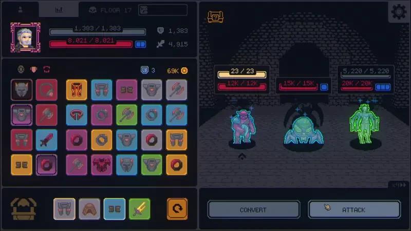 A screenshot from the video game Megaloot, displaying character stats, an inventory grid filled with items, and three glowing creatures ready for combat.