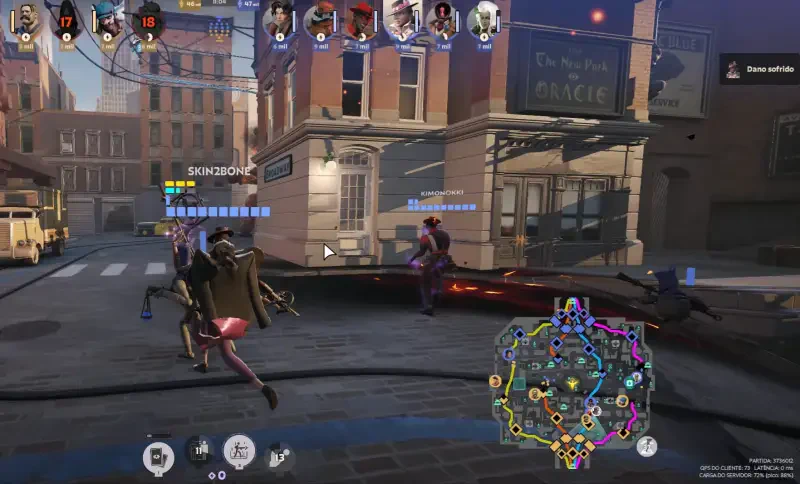 A dynamic scene from the 2024 video game Deadlock, featuring characters navigating an urban environment with a map overlay in the corner, highlighting strategic movements in gameplay.