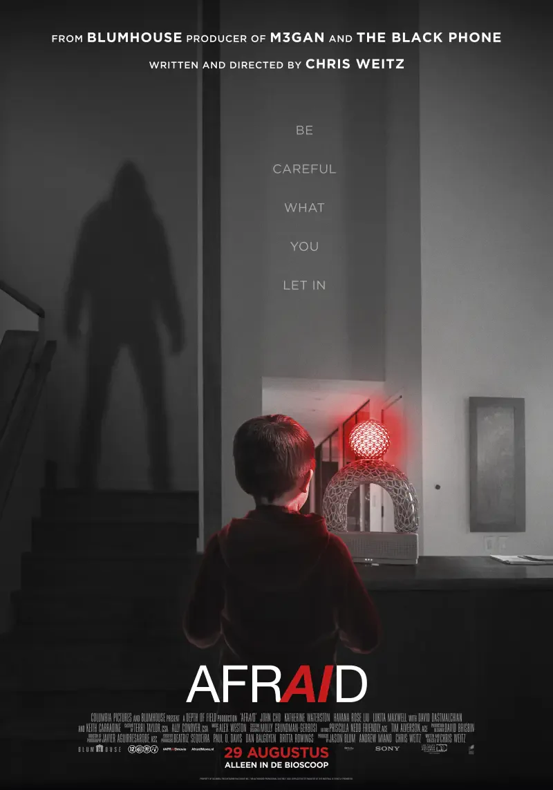 A suspenseful poster for the movie Afraid (2024), featuring a boy facing a shadowy figure and a red light, with the tagline Be careful what you let in. In theaters August 29.