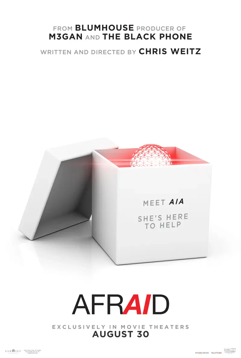 A promotional poster for the movie Afraid (2024), featuring a mysterious white box with the message Meet AIA, she's here to help. In theaters August 30.