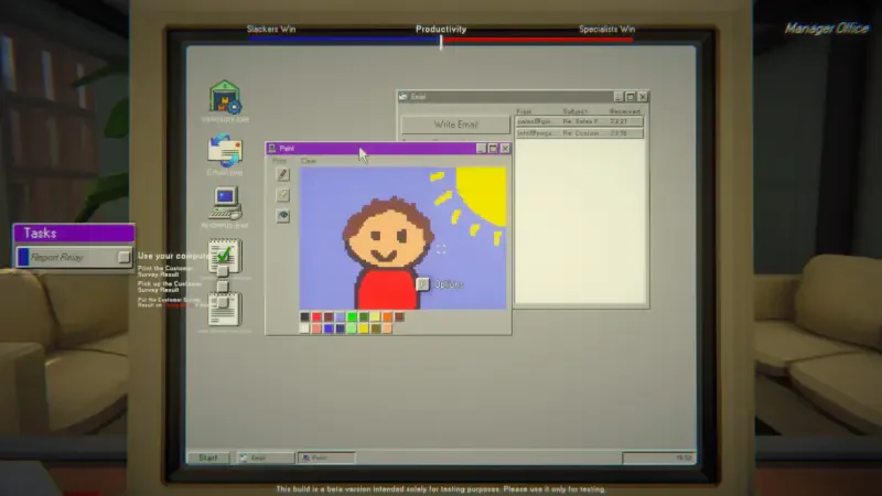 A computer screen displays a colorful drawing of a child under the sun, reminiscent of retro video games, with a backdrop featuring Dale & Dawson Stationery Supplies.
