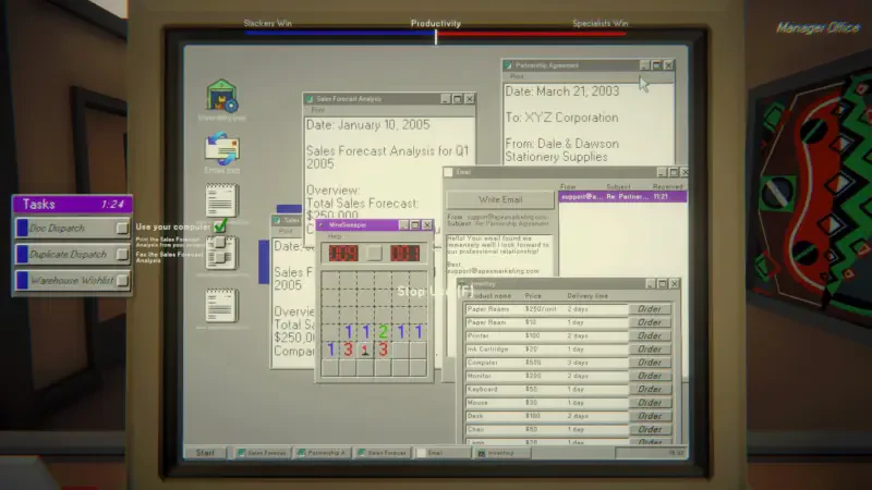 A playful graphic incorporates the classic Minesweeper game, featuring a whimsical design by Dale & Dawson Stationery Supplies, blending gaming and stationery creativity.