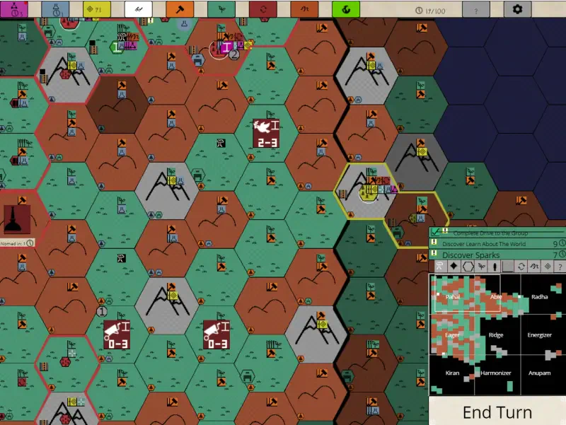A gameplay screenshot from Nikhil Murthy's Syphilisation, featuring a hexagonal grid filled with various units, terrain types, and a sidebar displaying game information and options.