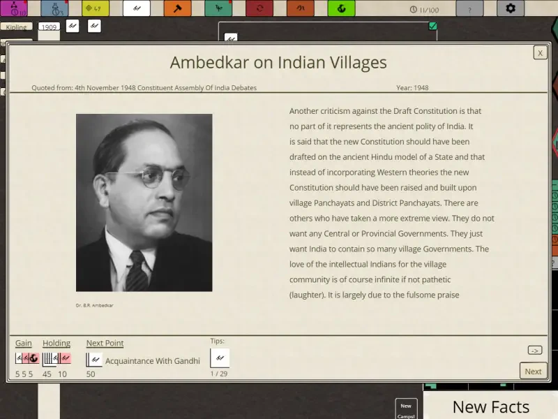 Image from the video game Nikhil Murthy's Syphilisation, featuring a black-and-white portrait of B.R. Ambedkar with text discussing his views on Indian villages and governance.