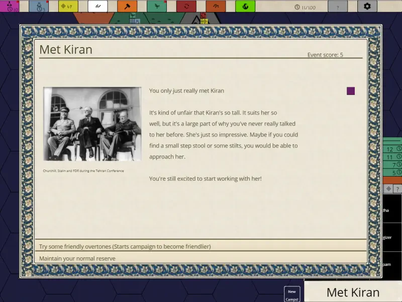 A screen from the video game Nikhil Murthy's Syphilisation, featuring a dialogue box titled Met Kiran with a black and white photo of three individuals and gameplay options below.