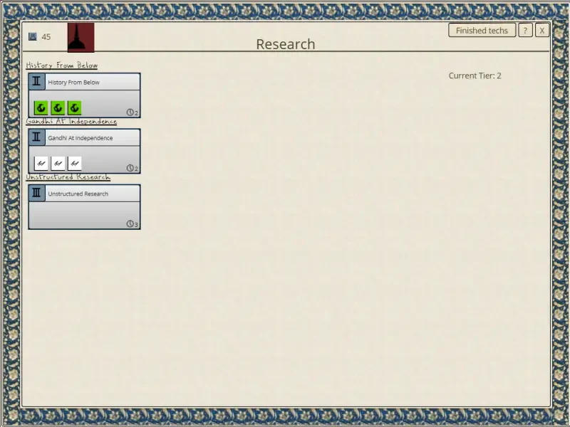 Screenshot from the video game Nikhil Murthy's Syphilisation, featuring a research interface with various options and a decorative border.