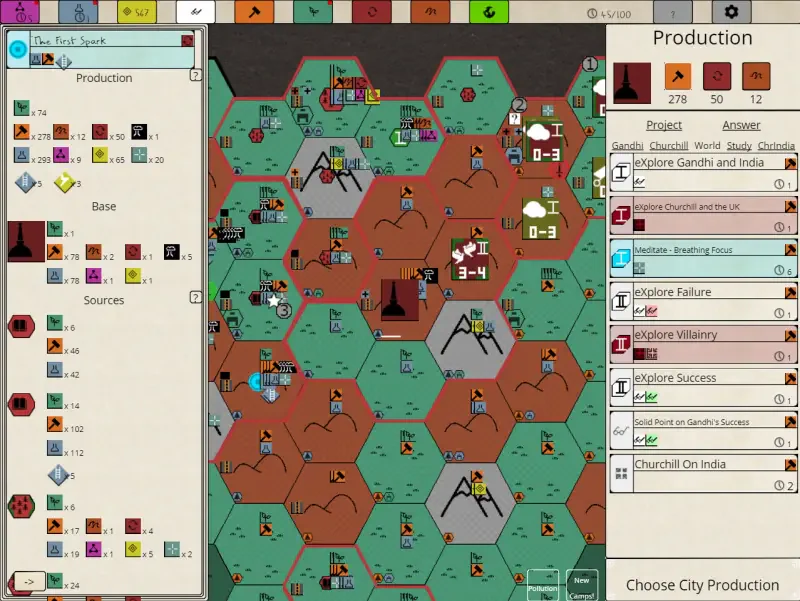 A game interface from Nikhil Murthy's Syphilisation, featuring a hexagonal grid, production options, and various resources displayed in a strategic layout.