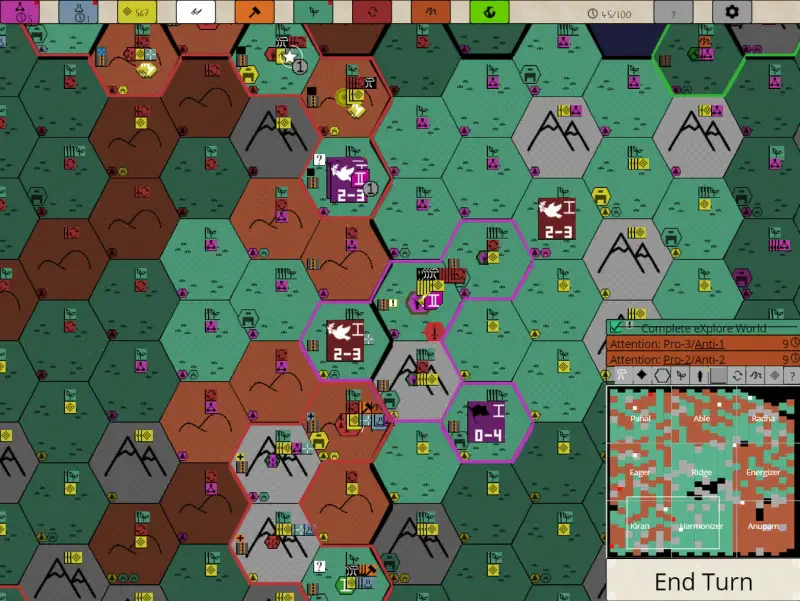 A strategic board layout from Nikhil Murthy's Syphilisation, featuring colorful hexagonal tiles and various unit placements, showcasing gameplay elements and turn options.