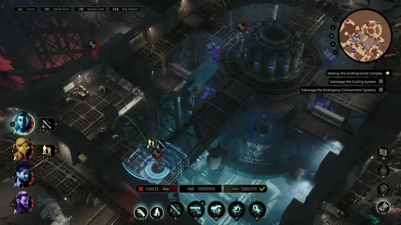 An overhead view of a futuristic game environment from Sumerian Six, showcasing characters, interactive elements, and a complex architectural design illuminated by blue lighting.