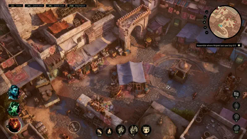 An aerial view of a bustling market in the video game Sumerian Six, featuring detailed buildings, tents, and various character icons at the bottom of the screen.