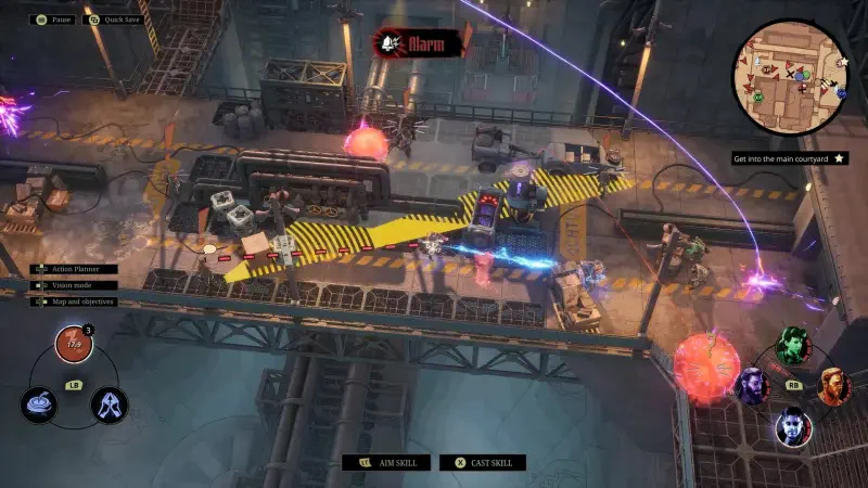 A dynamic gameplay scene from the video game Sumerian Six, featuring a vibrant environment with moving characters, obstacles, and various visual effects.