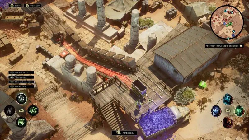 An overhead view of a desert landscape from the video game Sumerian Six, featuring ancient ruins, structures, and vibrant colored elements on the terrain.