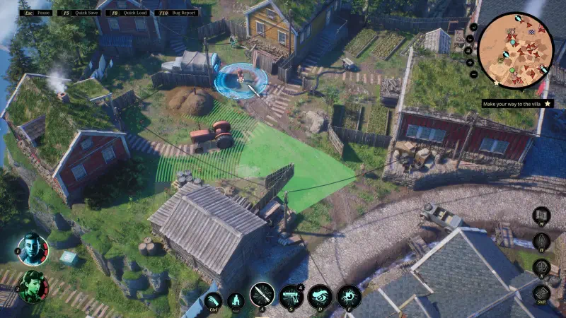An aerial view of a vibrant game scene from the video game Sumerian Six, showcasing a quaint village with houses, a tractor, and green tactical overlays.