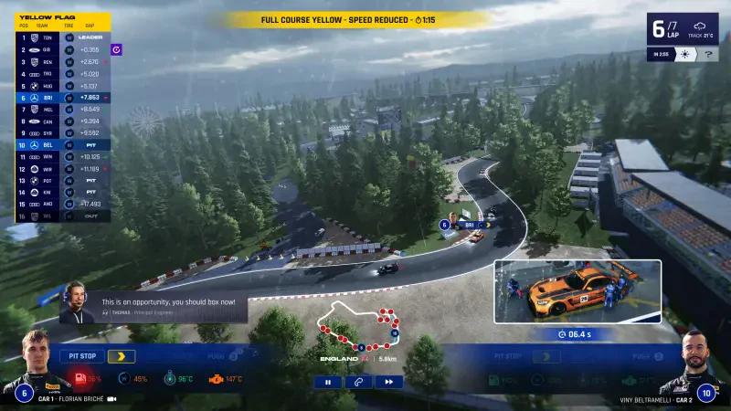 Gameplay scene from GT Manager, showing a detailed race track with cars navigating curves amidst a scenic forest backdrop. Strategy elements are displayed on the screen.