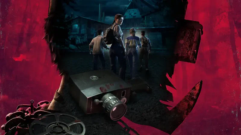 A dramatic scene from the video game The Casting of Frank Stone, featuring characters amid haunting shadows, with a film projector at the forefront.