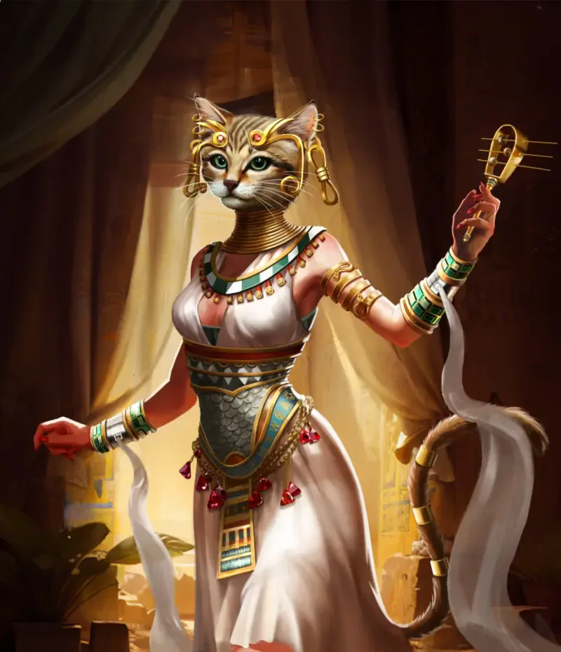 An image featuring the character Bastet from the video game Age of Mythology: Retold, showcasing her unique design and attributes in a mythological context.