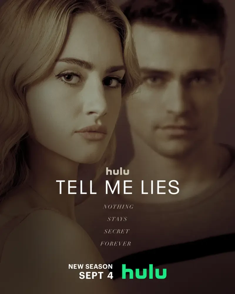 The image features promotional art for the TV show *Tell Me Lies*, highlighting the tagline Nothing Stays Secret Forever and announcing the new season on Hulu starting September 4.